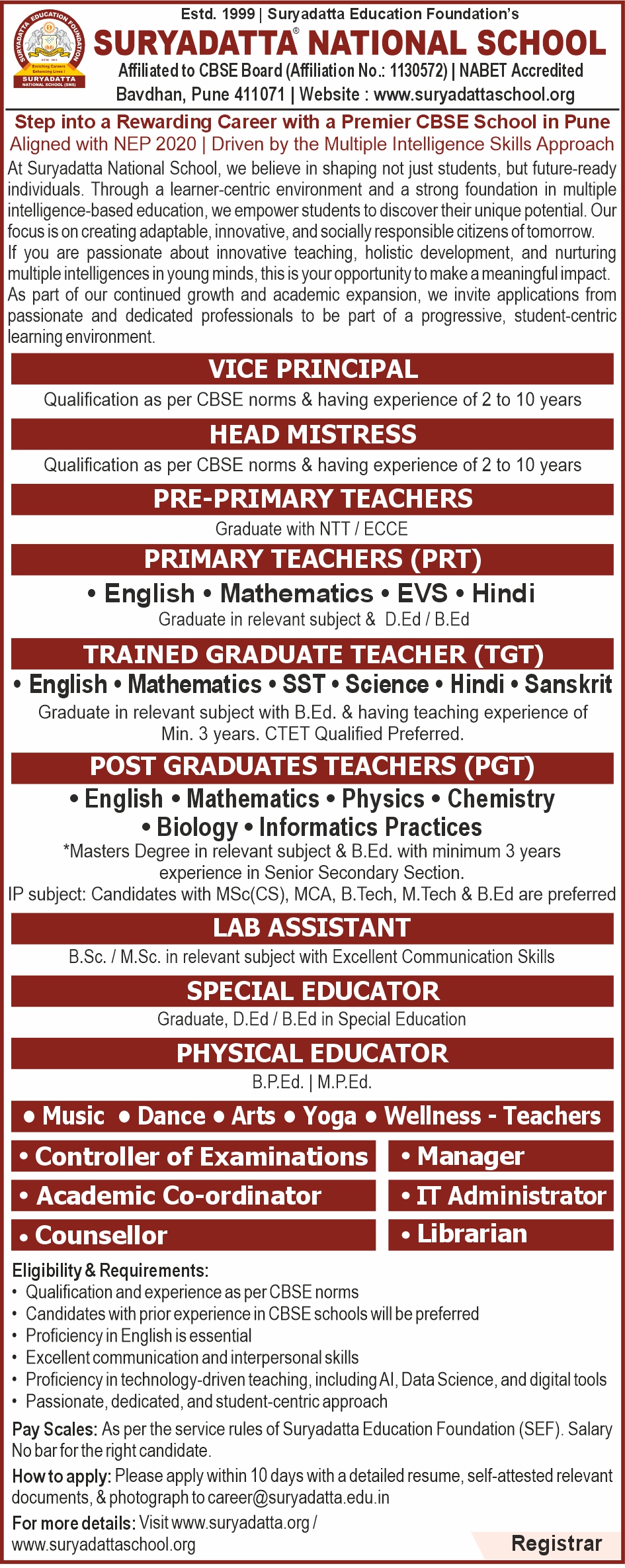 SNS teacher requirement ad