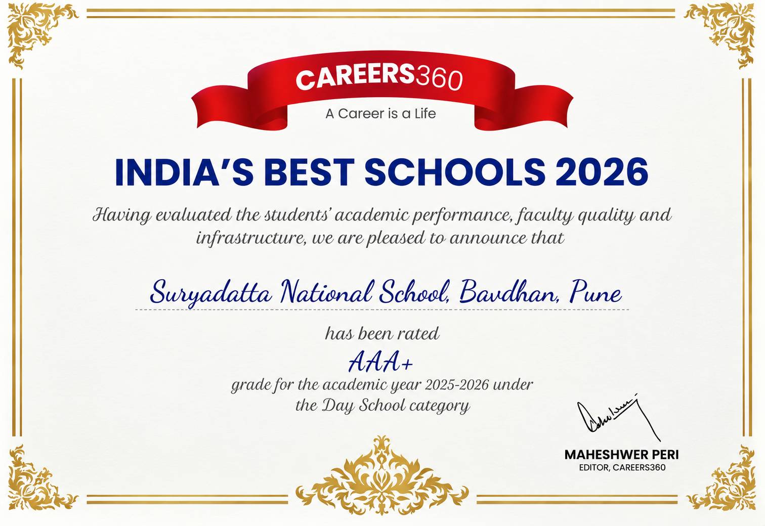 Suryadatta National School Earns Prestigious AAA+ Rating in Careers360's 'India's Best Schools 2026'