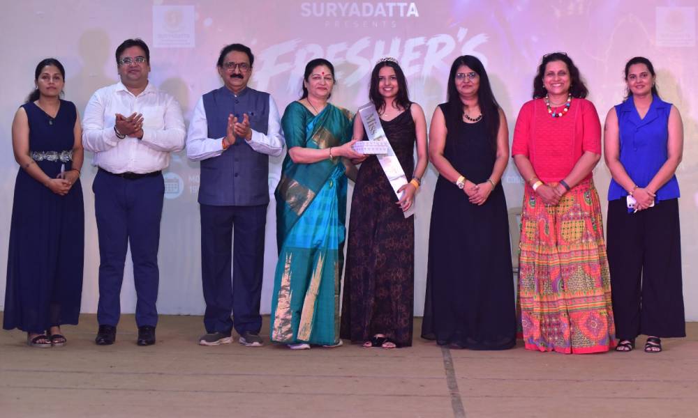 Felicitation of Ms. Fresher 2026 during the Freshers Fiesta celebration at Suryadatta.
