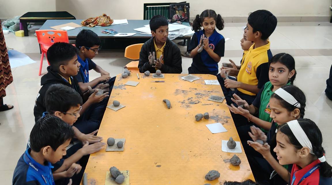 Students Creating Ganesh Idols During an Idol-Making Activity