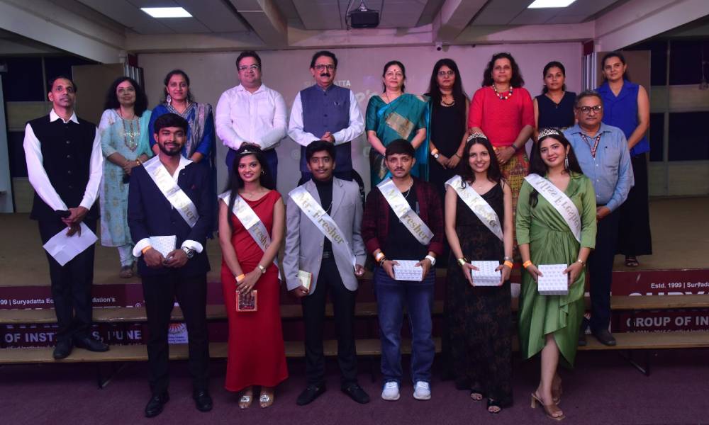 Winners of the Mr. and Ms. Fresher competitions at Suryadatta Freshers Fiesta 2026.