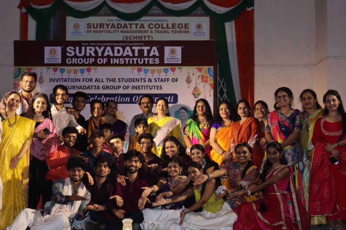 Navrang Garba celebration at Suryadatta Bavdhan Campus featuring traditional dance, colourful attire, music, and festive spirit.