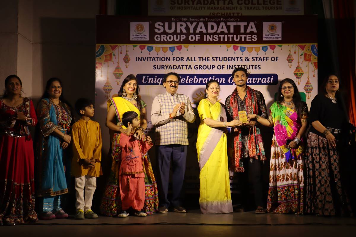 Navrang Garba 2026 student trophy at Suryadatta Bavdhan Campus celebrating student talent and achievements.