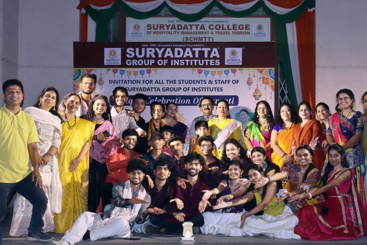 Suryadatta Navrang Garba 2026 celebration at Bavdhan Campus featuring traditional Garba dance, colourful attire, music, and festive enthusiasm.