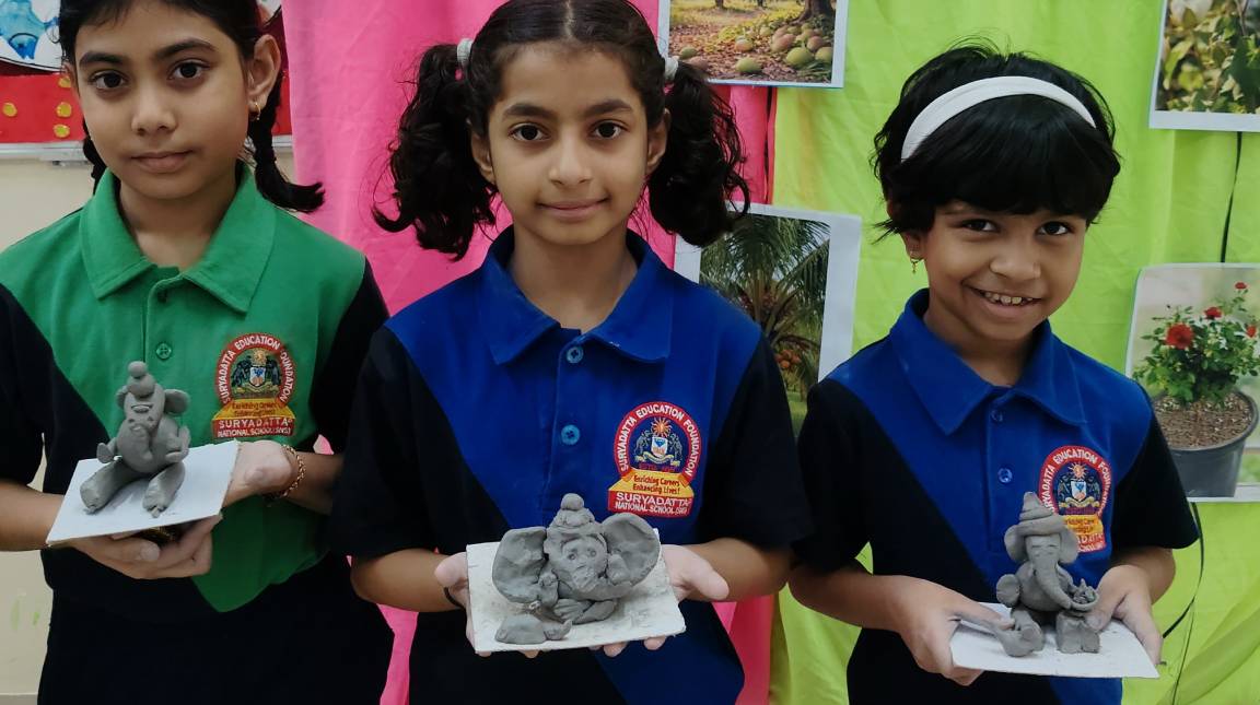 Happy Faces of Students During the Ganesh Idol Making Activity